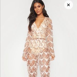 Pretty Little Things Rose Gold Tassel Sequin Plunge Jumpsuit